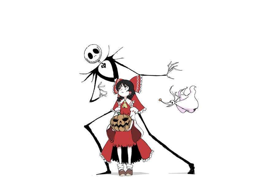 1girl black_hair bow commentary_request crossover detached_sleeves full_body hair_bow hakurei_reimu jack_skellington mtmy pumpkin short_hair simple_background sweatdrop the_nightmare_before_christmas touhou white_background zero_(nbc)