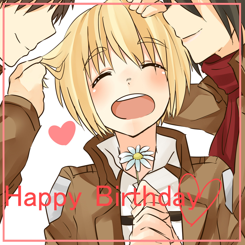 2boys ^_^ armin_arlert bad_id bad_pixiv_id black_hair blonde_hair blush brown_hair closed_eyes emblem eren_yeager flower happy_birthday heart highres jacket long_sleeves mikasa_ackerman military military_uniform multiple_boys paradis_military_uniform scarf shingeki_no_kyojin short_hair shun-syun smile uniform