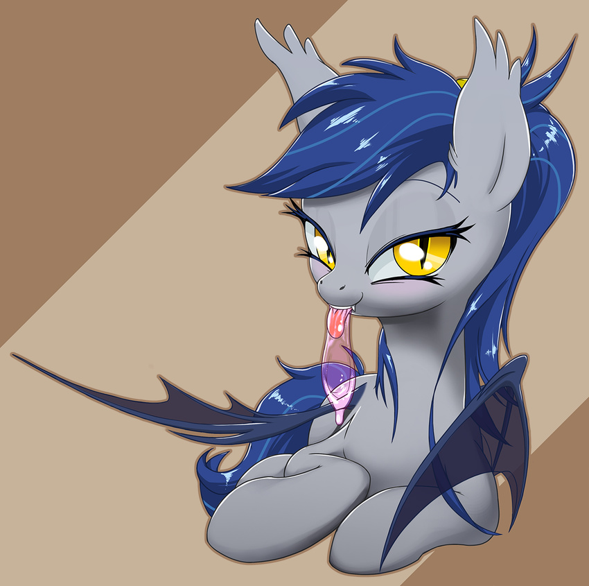 bat_pony bat_wings blue_hair condom condom_in_mouth cum equine fangs female feral fur grey_fur hair horse looking_at_viewer lying male mammal moonlight my_little_pony on_side original_character pegasus pony slit_pupils solo stoic5 thestral wings yellow_eyes