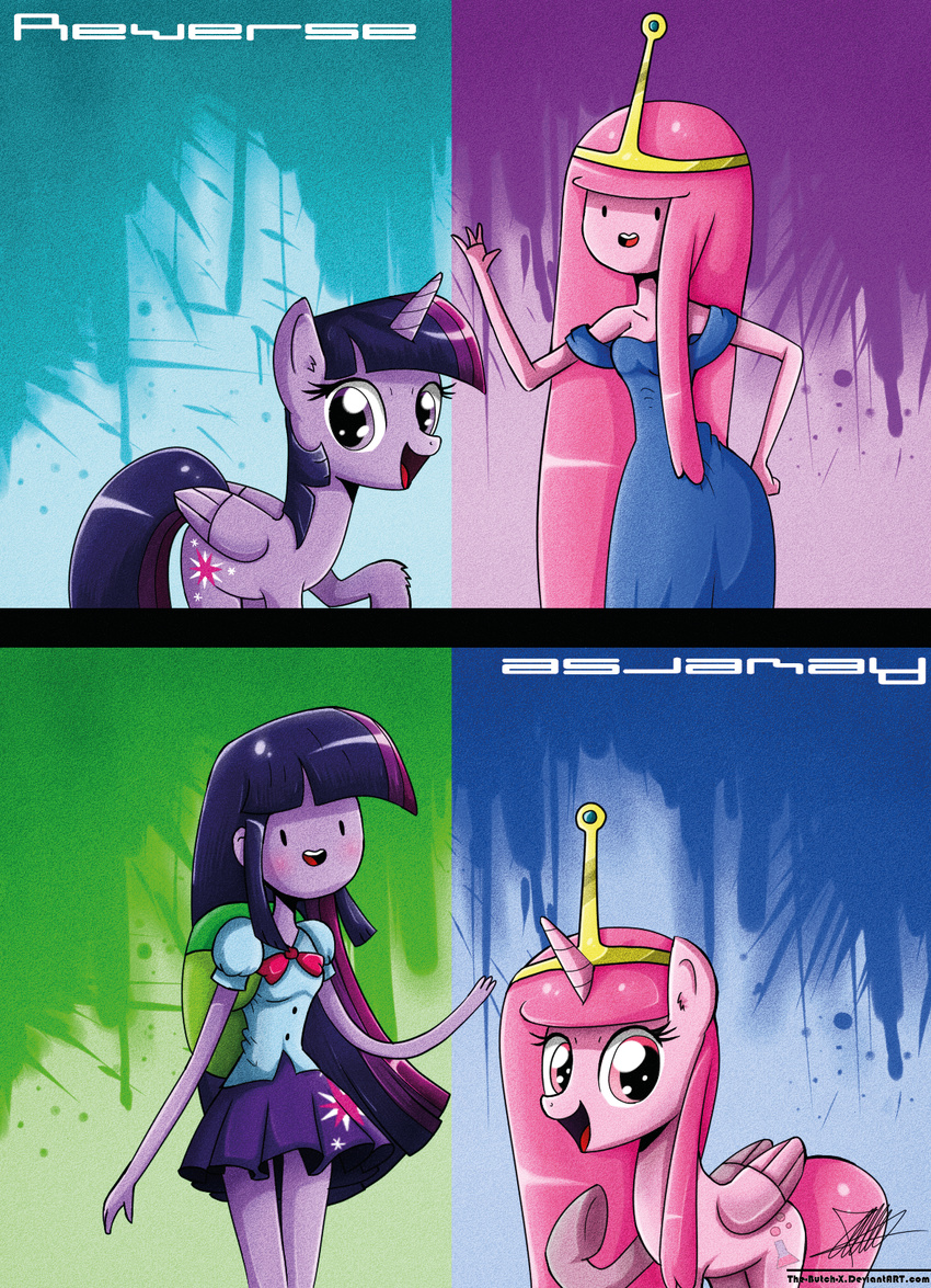 abstract_background adventure_time bag clothing crown cutie_mark dress english_text equestria_girls equine female feral friendship_is_magic gold hair horn horse human mammal multi-colored_hair my_little_pony pink_hair ponification pony princess_bubblegum purple_hair text the-butch-x twilight_sparkle_(eg) twilight_sparkle_(mlp) winged_unicorn wings