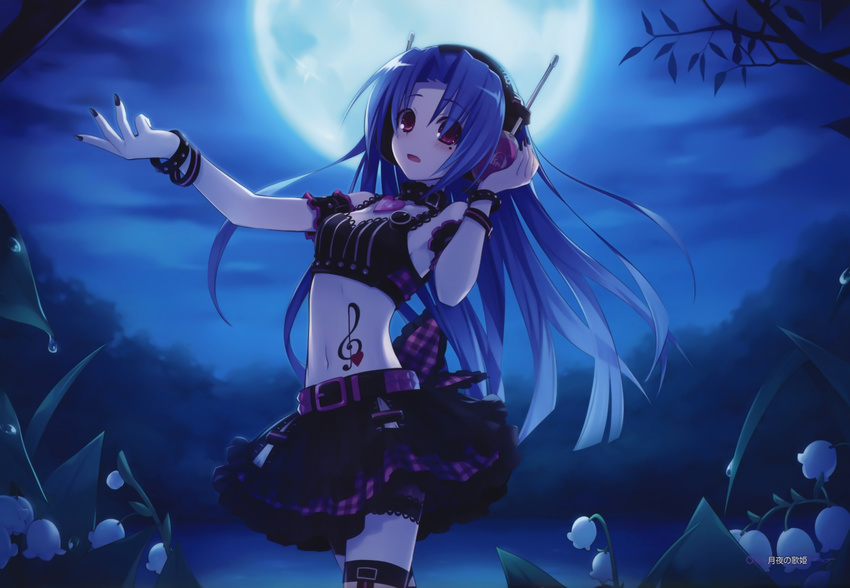 5pb_(hyperdimension_neptunia) blue_hair flowers headphones hyperdimension_neptunia long_hair moon night skirt tsunako
