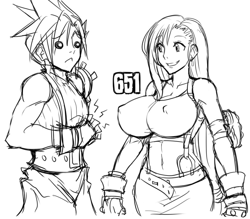 1girl :&lt; breasts cloud_strife covered_nipples damage_numbers earrings elbow_pads final_fantasy final_fantasy_vii gameplay_mechanics gloves greyscale grin huge_breasts impossible_clothes impossible_shirt jewelry long_hair matsu-sensei midriff monochrome navel o_o parted_lips shirt sketch smile suspenders tank_top tifa_lockhart