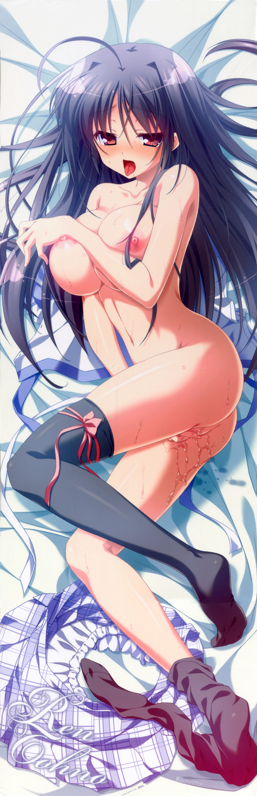 absurdres black_hair black_legwear blush breasts character_name dakimakura full-face_blush full_body highres huge_filesize large_breasts masturbation natsuzora_no_perseus nipples open_mouth pussy_juice red_eyes shouna_mitsuishi single_thighhigh skirt skirt_removed solo thighhighs thighhighs_pull tohno_ren tongue tongue_out