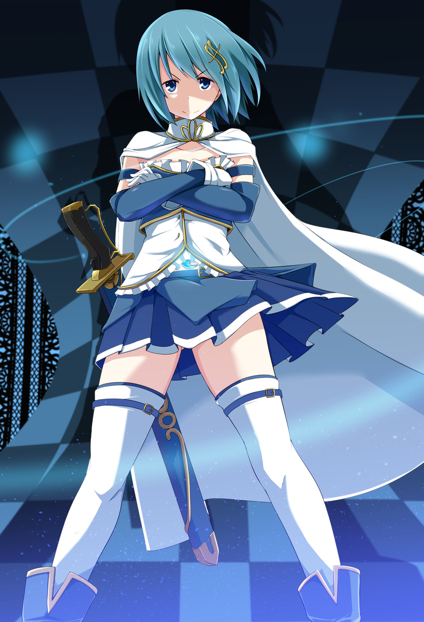 absurdres blue_eyes blue_hair cape crossed_arms gloves hair_ornament hairclip highres kichihachi looking_at_viewer mahou_shoujo_madoka_magica miki_sayaka short_hair smile solo sword thighhighs weapon