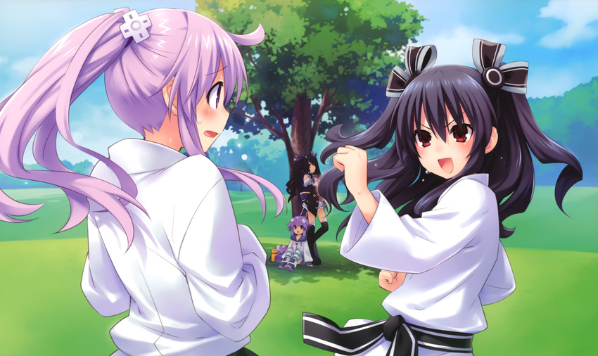 :d absurdres ahoge alternate_hairstyle black_hair blush boots bow choujigen_game_neptune_mk2 d-pad d-pad_hair_ornament day dougi eye_contact fighting_stance game_cg hair_bow hair_ornament hair_ribbon hair_tie highres hood hooded_track_jacket jacket long_hair looking_at_another multiple_girls nepgear neptune_(choujigen_game_neptune) neptune_(series) noire official_art open_mouth outdoors ponytail profile purple_eyes purple_hair red_eyes ribbon shadow sitting smile striped striped_legwear thigh_boots thighhighs track_jacket tree tsunako twintails two_side_up under_tree uni_(choujigen_game_neptune) v-shaped_eyebrows