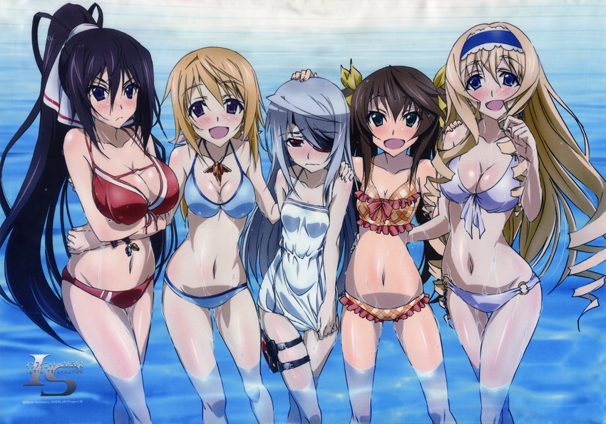 absurdres artist_request ass_visible_through_thighs bikini black_hair blonde_hair blue_eyes blush breasts brown_hair cecilia_alcott charlotte_dunois cleavage drill_hair eyepatch front-tie_top frown green_eyes highres holster huang_lingyin huge_filesize infinite_stratos jewelry large_breasts laura_bodewig long_hair long_legs looking_at_viewer medium_breasts multiple_girls navel o-ring o-ring_bottom ocean official_art open_mouth pendant ponytail purple_eyes red_eyes scan shinonono_houki shiny shiny_skin silver_hair small_breasts smile swimsuit thigh_gap thigh_holster twintails very_long_hair wading water