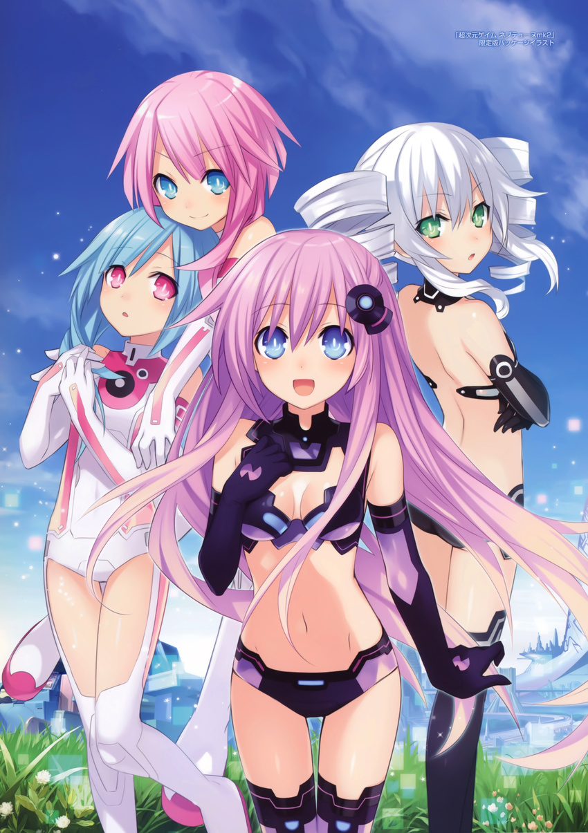 :d :o absurdres back bare_shoulders black_gloves black_sister blue_eyes blue_hair blush boots breasts building choujigen_game_neptune_mk2 cleavage cleavage_cutout copyright_name day drill_hair elbow_gloves emblem flower gloves gradient_hair grass green_eyes hair_ornament hand_on_own_chest hands_together highres leotard light_particles long_hair looking_at_viewer looking_back medium_breasts midriff multicolored_hair multiple_girls navel nepgear neptune_(series) official_art open_mouth outdoors pink_eyes pink_hair power_symbol purple_hair purple_sister revealing_clothes smile standing symbol-shaped_pupils thigh_gap thighhighs tsunako twin_drills very_long_hair white_gloves white_hair white_sister_ram white_sister_rom