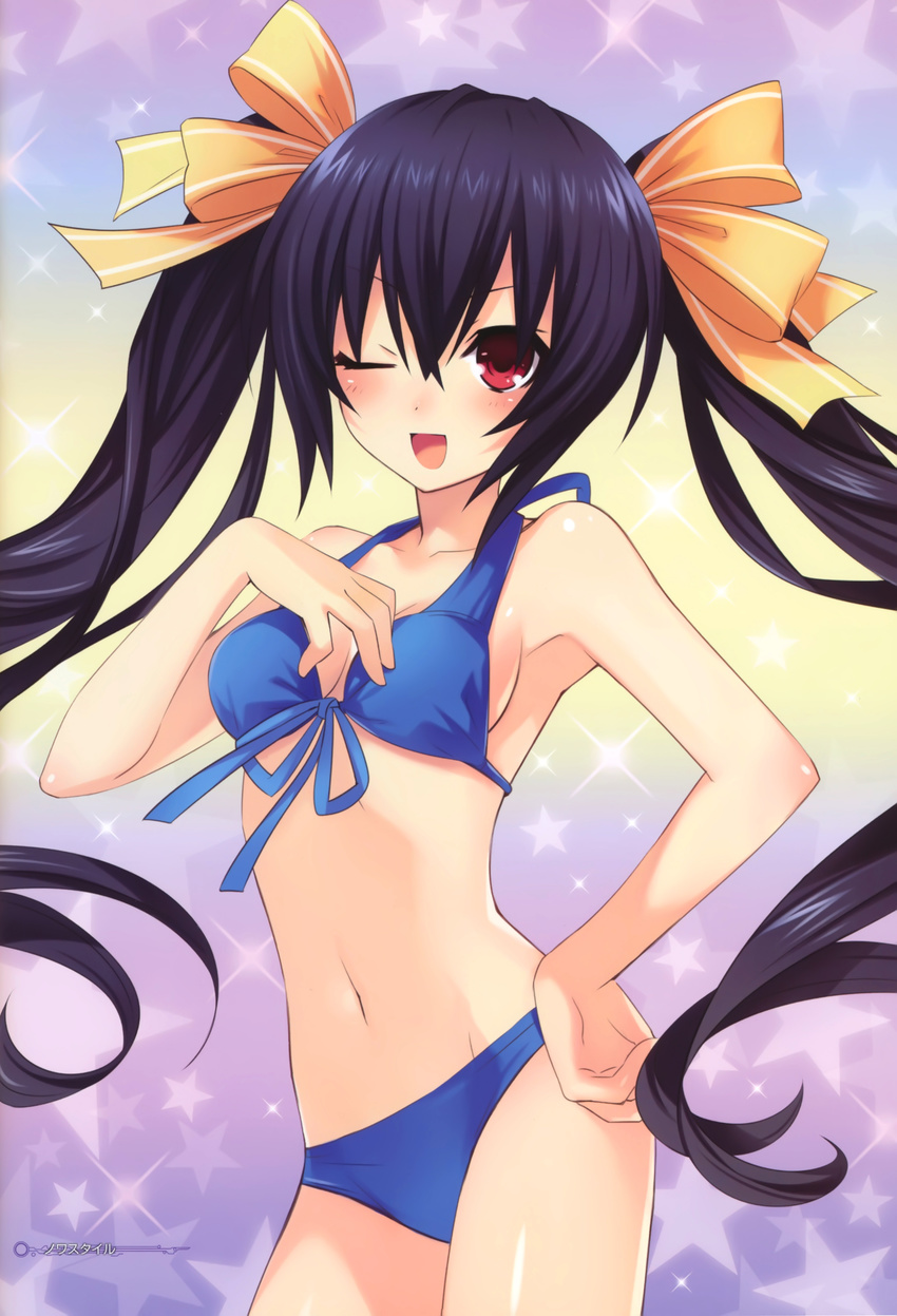 ;d absurdres bikini black_hair blush bow breasts cowboy_shot front-tie_top game_cg hair_bow hair_ribbon halterneck hand_on_hip hand_on_own_chest highres long_hair medium_breasts navel neptune_(series) noire official_art one_eye_closed open_mouth red_eyes ribbon shiny shiny_skin smile solo star swimsuit tsunako twintails very_long_hair