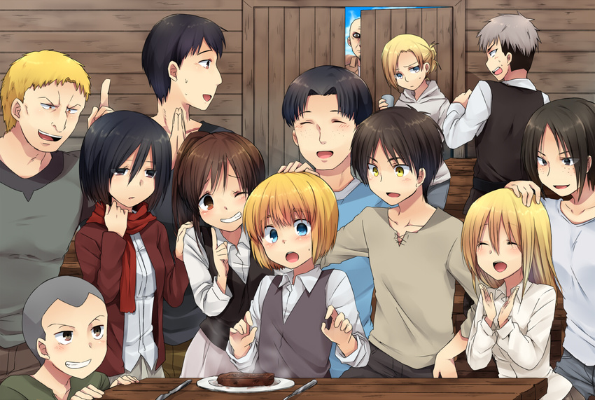 6+boys annie_leonhardt armin_arlert bertolt_hoover black_eyes black_hair blonde_hair blue_eyes blush brown_eyes brown_hair christa_renz clapping connie_springer cup eren_yeager everyone food grin hand_on_head hood hoodie jean_kirchstein keith_shadis knife long_hair long_sleeves marco_bodt marimo_danshaku mikasa_ackerman multiple_boys multiple_girls one_eye_closed ponytail reiner_braun sasha_braus scarf shingeki_no_kyojin short_hair smile steak sweatdrop vest yellow_eyes ymir_(shingeki_no_kyojin)