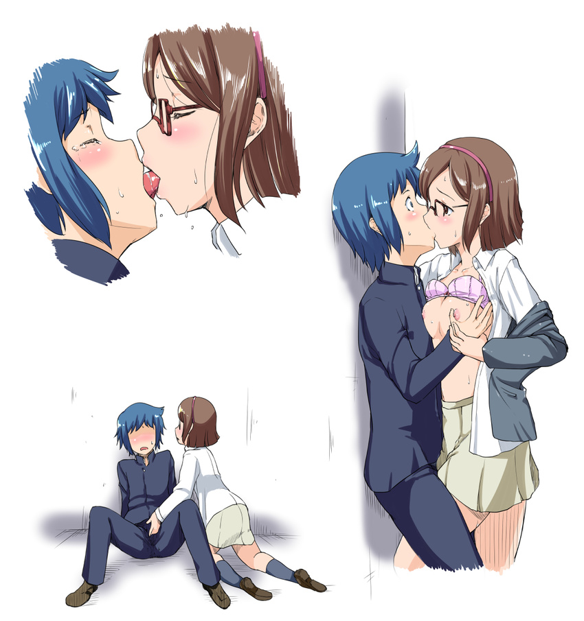 1girl against_wall blue_eyes blue_hair blush bra bra_lift breasts brown_eyes brown_hair closed_eyes embarrassed french_kiss glasses gundam gundam_build_fighters hairband hetero highres iori_sei johnny_(from_scratch) kiss kousaka_china long_sleeves medium_breasts nipples open_clothes open_shirt over-rim_eyewear red-framed_eyewear school_uniform semi-rimless_eyewear shirt short_hair skirt surprised sweatdrop through_clothes tongue underwear undressing