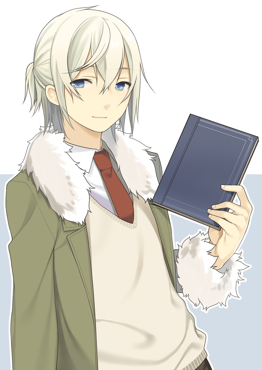 absurdres bad_id bad_pixiv_id banned_artist blouse blue_eyes book highres holding holding_book jacket male_focus mizuki_kiyoshi necktie original ponytail smile solo sweater white_hair