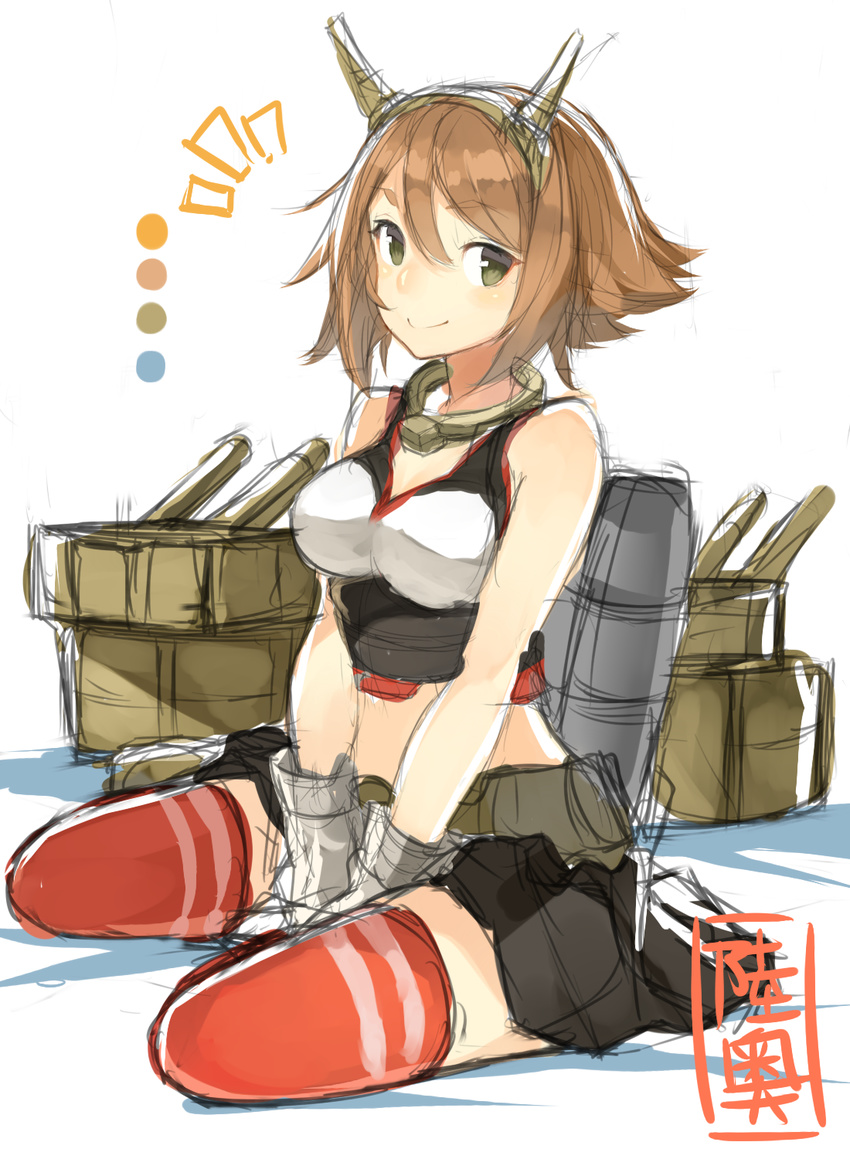bare_shoulders blush breasts brown_hair gloves green_eyes hajime_kaname headgear highres kantai_collection large_breasts looking_at_viewer midriff miniskirt mutsu_(kantai_collection) navel red_legwear short_hair sitting sketch skirt solo thighhighs white_gloves
