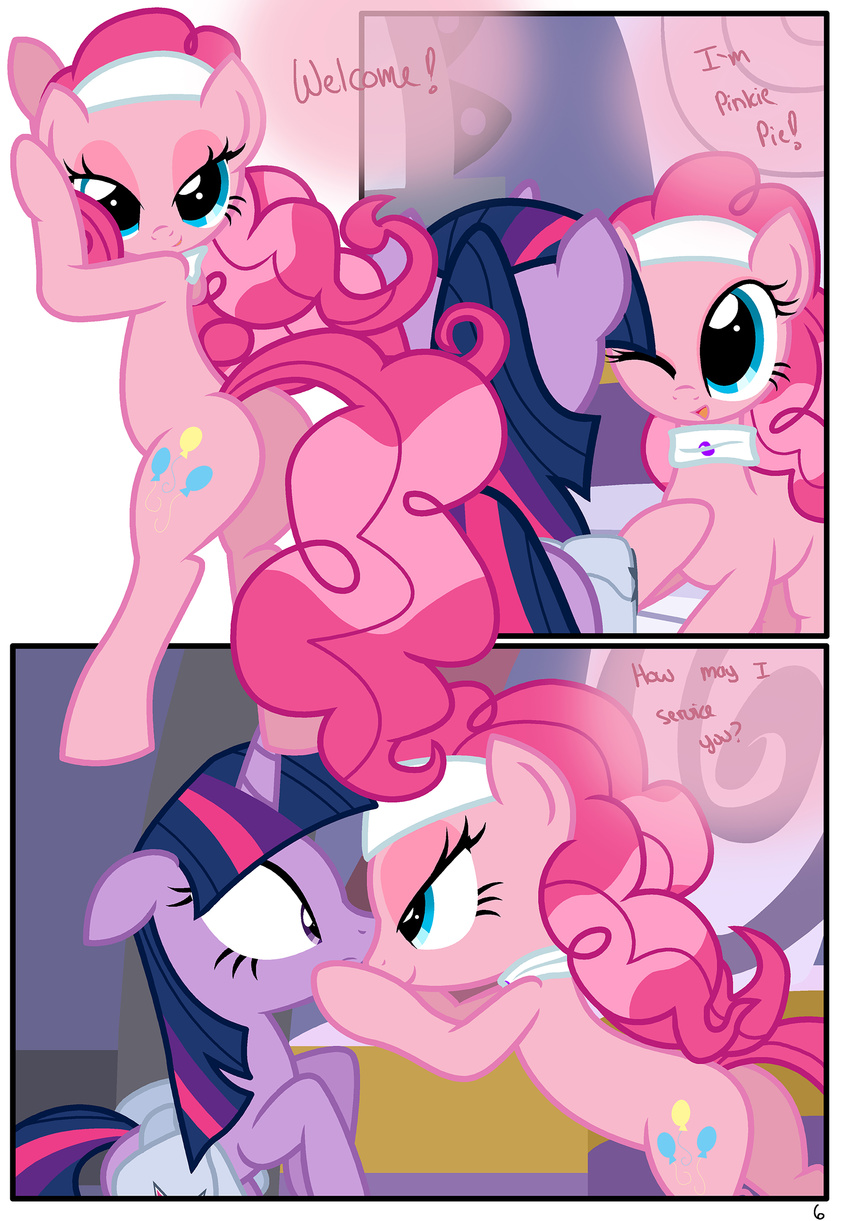 blue_eyes butt comic dialog english_text equine female feral friendship_is_magic fur hair hi_res horn horse mammal my_little_pony one_eye_closed pink_body pink_fur pinkie_pie_(mlp) pony purple_eyes purple_fur purple_hair pyruvate seductive spa text twilight_sparkle_(mlp) unicorn wink