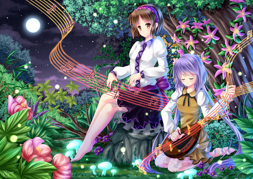 2girls barefoot brown_hair dress flowers headband instrument moon music night purple_hair short_hair sky stars touhou tree tsukumo_benben tsukumo_yatsuhashi villyane