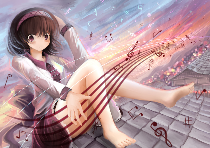 arched_back architecture bad_id bad_pixiv_id bare_legs barefoot beamed_sixteenth_notes blouse blurry brown_hair depth_of_field east_asian_architecture eighth_note half_note hand_on_own_head headband highres light_smile long_sleeves looking_at_viewer momen102_(sji09u) musical_note purple_eyes quarter_note rooftop sharp_sign short_hair sitting skirt solo staff_(music) touhou town treble_clef tsukumo_yatsuhashi twilight