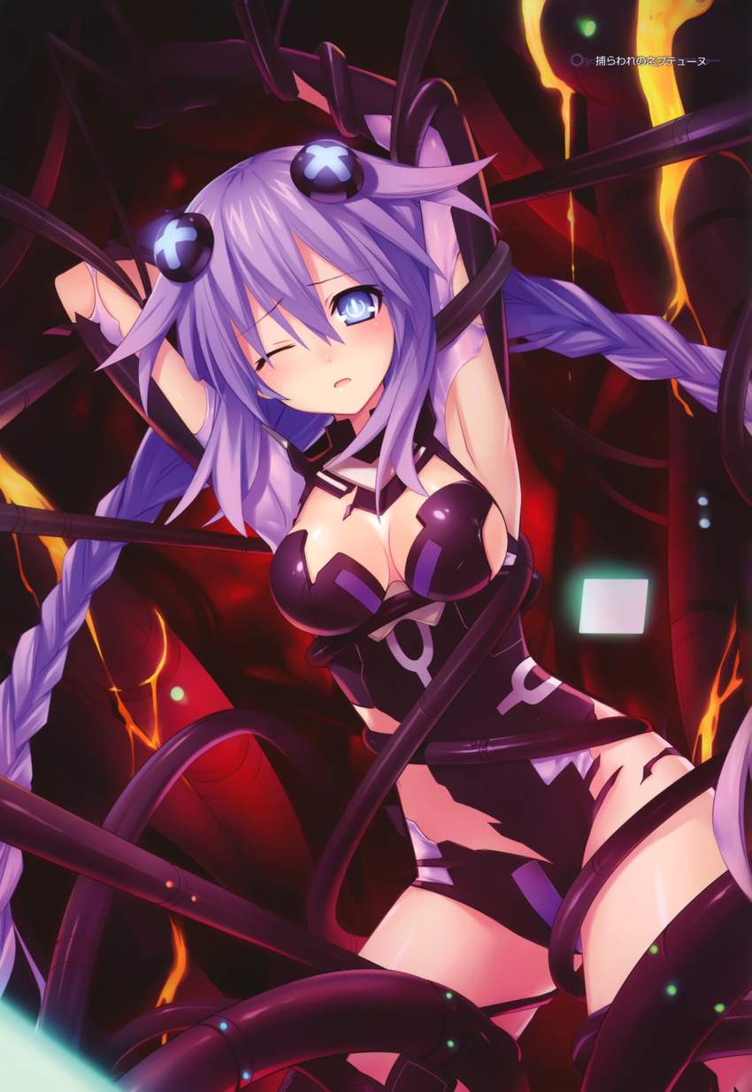 ;o absurdres armpits arms_up bdsm blue_eyes blush bondage bound braid breasts cable cleavage cleavage_cutout contrapposto cowboy_shot gloves glowing hair_between_eyes hair_ornament highres hips leotard long_hair looking_at_viewer magical_girl medium_breasts neon_trim neptune_(series) official_art one_eye_closed open_mouth power_symbol purple_hair purple_heart raised_eyebrows scan sideboob solo standing symbol-shaped_pupils torn_clothes torn_leotard tsunako turtleneck twin_braids very_long_hair wince