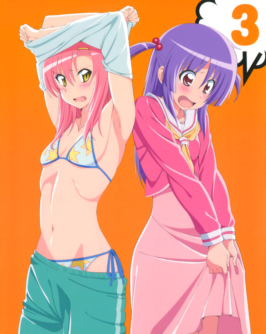 absurdres armpits arms_up artist_request bikini blush breasts cover dress dvd_cover hair_bobbles hair_ornament hairband hayate_no_gotoku! highres katsura_hinagiku long_hair multiple_girls navel official_art open_mouth orange_background pink_hair print_bikini purple_eyes purple_hair scan school_uniform segawa_izumi shorts side-tie_bikini simple_background small_breasts swimsuit two_side_up undressing yellow_eyes