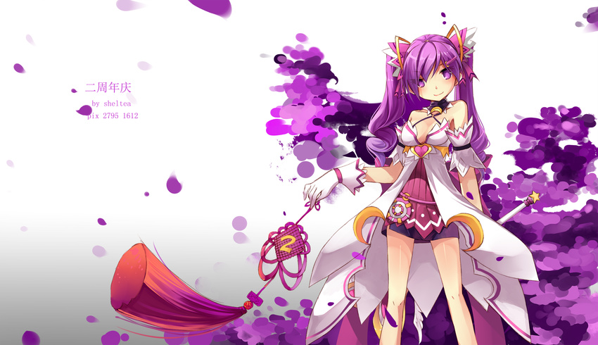 2013 aisha_(elsword) bad_id bad_pixiv_id bare_legs curly_hair dated detached_collar dimension_witch_(elsword) elsword gloves highres long_hair purple_eyes purple_hair purple_skirt sheltea skirt smile solo twintails
