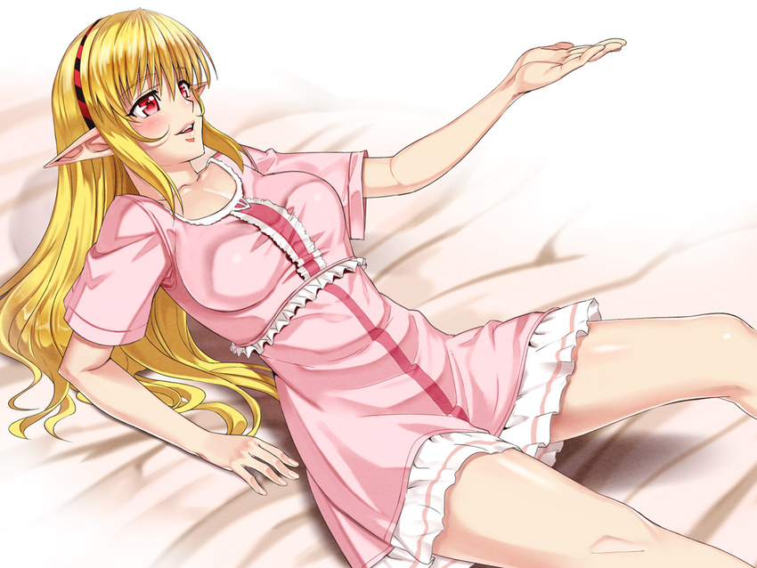arm_support blonde_hair breasts dress elf hairband large_breasts long_hair lying nyamota original pointy_ears red_eyes solo