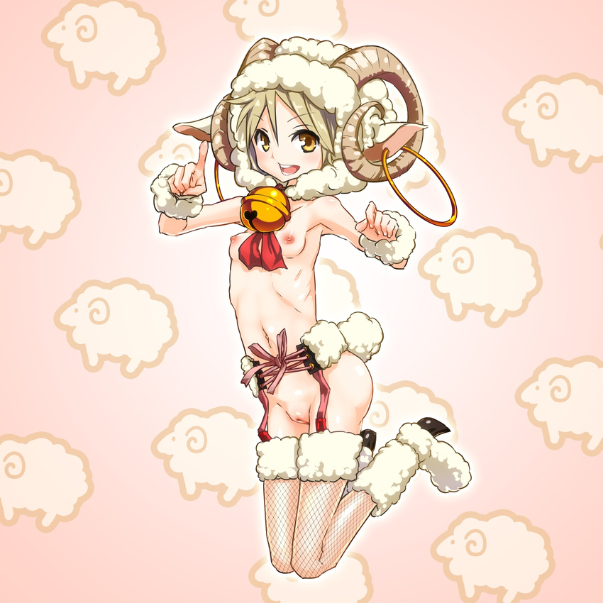 1girl animal_ears areolae armpits bell bell_collar boots breasts brown_hair collar female fishnets full_body highres horns legs looking_at_viewer navel nipples open_mouth original pussy sheep_ears sheep_horns sheep_tail short_hair small_breasts smile solo tail uncensored yamada_(gotyui) yellow_eyes