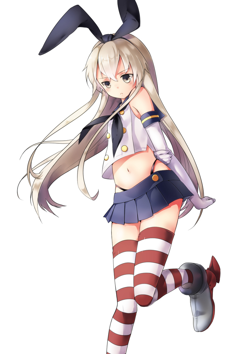 absurdres arms_behind_back black_panties blue_skirt elbow_gloves gloves highleg highleg_panties highres kantai_collection leg_up long_hair microskirt midriff navel panties pleated_skirt shimakaze_(kantai_collection) shirt silver_hair simple_background skirt solo striped striped_legwear thighhighs toowa-y underwear white_background white_gloves white_shirt