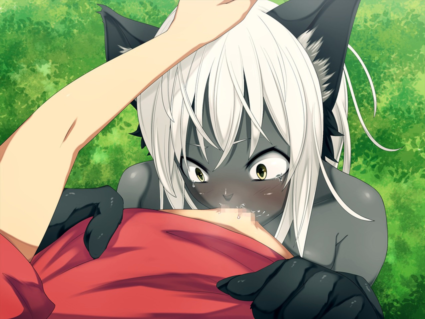 anthro blush bottomless breasts cat_ears catgirl censored drow elf faceless_male female first_person_view hair hatsuen_kikan human human_on_anthro interspecies male mammal nude oral oral_sex penis sex straight white_hair