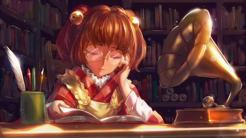 apron bell blush bobomaster book checkered closed_eyes clothes_writing cup glasses hair_bell hair_ornament japanese_clothes jingle_bell motoori_kosuzu open_mouth pen phonograph quill red_hair short_hair smile solo touhou two_side_up wide_sleeves