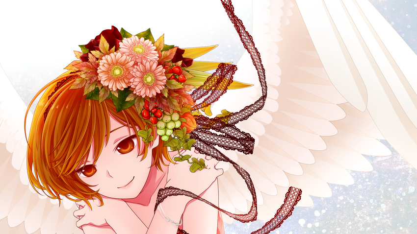 angel_wings bare_shoulders bracelet brown_eyes brown_hair close-up face flower flower_request gradient gradient_background grey_background hair_flower hair_ornament highres jewelry jirou_(asami0512jump) looking_down meiko pink_flower short_hair simple_background smile solo upper_body vocaloid white_background wings