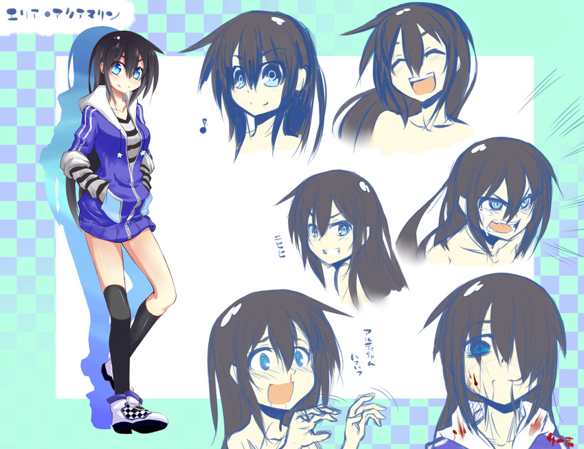 adyisu area_aquamarine bad_id bad_pixiv_id blood blush character_sheet closed_eyes hands_in_pockets headphones long_hair looking_at_viewer looking_back musical_note open_mouth original smile tears translation_request upper_body very_long_hair
