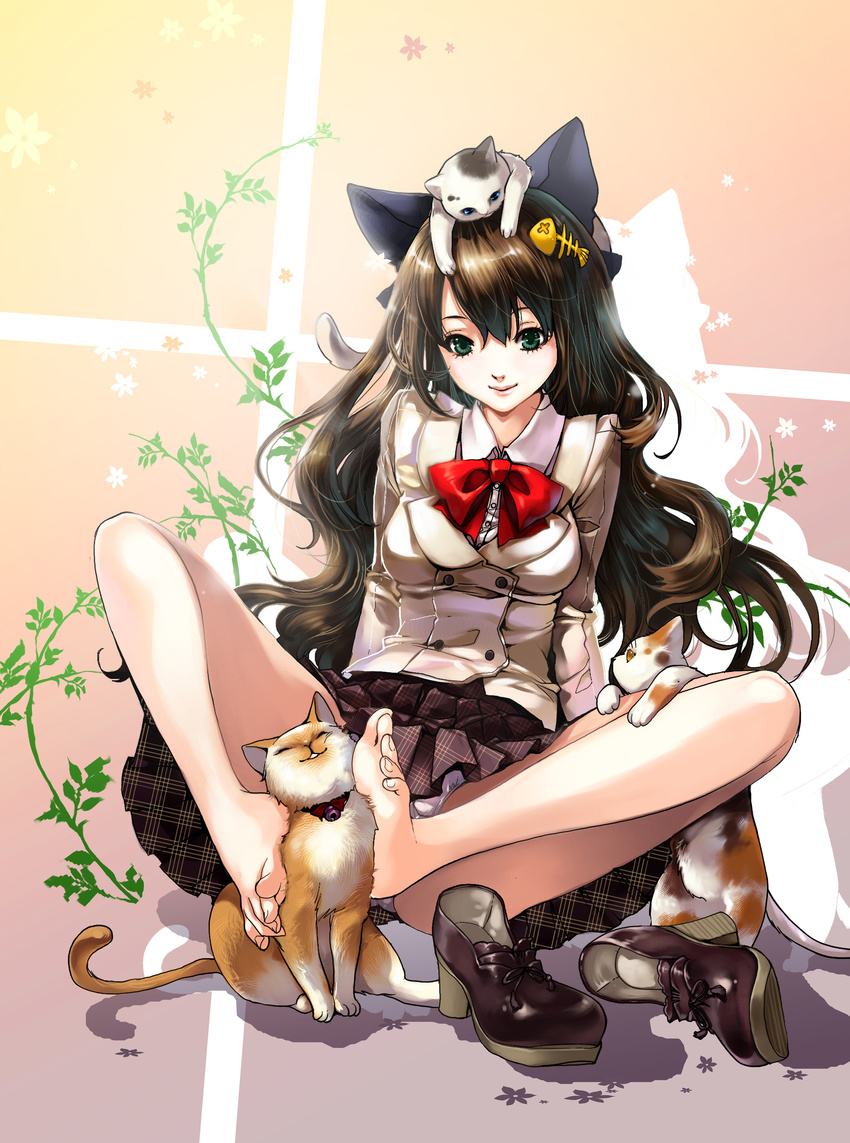 absurdres animal_ears barefoot bow bowtie brown_hair cat cat_ears chushengdao feet green_eyes hair_ornament hairclip highres jacket legs lips long_hair original school_uniform shoes_removed sitting skirt smile solo toes