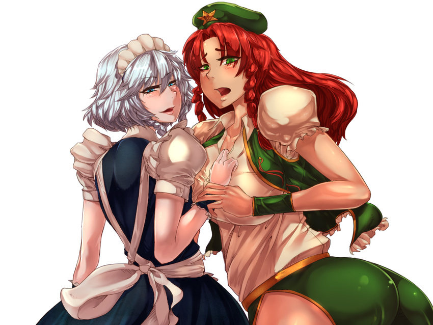 apron ass beret blue_eyes blush clothes_grab embarrassed green_eyes hat hong_meiling izayoi_sakuya long_hair looking_back maid_headdress multiple_girls open_mouth puffy_short_sleeves puffy_sleeves red_hair sekiyu_(spartan) short_hair short_sleeves silver_hair smile touhou vest white_background wrist_grab yuri