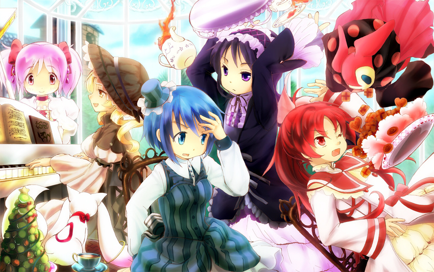 akemi_homura blue_eyes blue_hair chair charlotte_(madoka_magica) choker cookie cropped_jacket cup day drill_hair embellished_costume expressionless falling fang food hair_ribbon hairband hat instrument kaname_madoka kyubey long_hair long_sleeves mahou_shoujo_madoka_magica miki_sayaka mini_hat mini_top_hat multiple_girls oka_(umanihiki) outdoors piano pink_eyes pink_hair ponytail purple_hair red_hair ribbon sakura_kyouko short_hair smile striped teacup teapot tomoe_mami top_hat tray twintails vertical_stripes very_long_hair wide_sleeves wince yellow_eyes