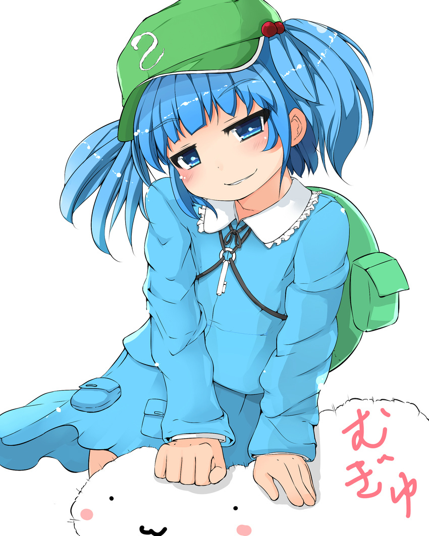 :3 absurdres backpack bag blue_eyes blue_hair blush blush_stickers dress hair_bobbles hair_ornament hat highres ichirin kawashiro_nitori key long_sleeves looking_at_viewer pillow pocket shirt short_hair short_twintails skirt skirt_set smile solo touhou twintails two_side_up