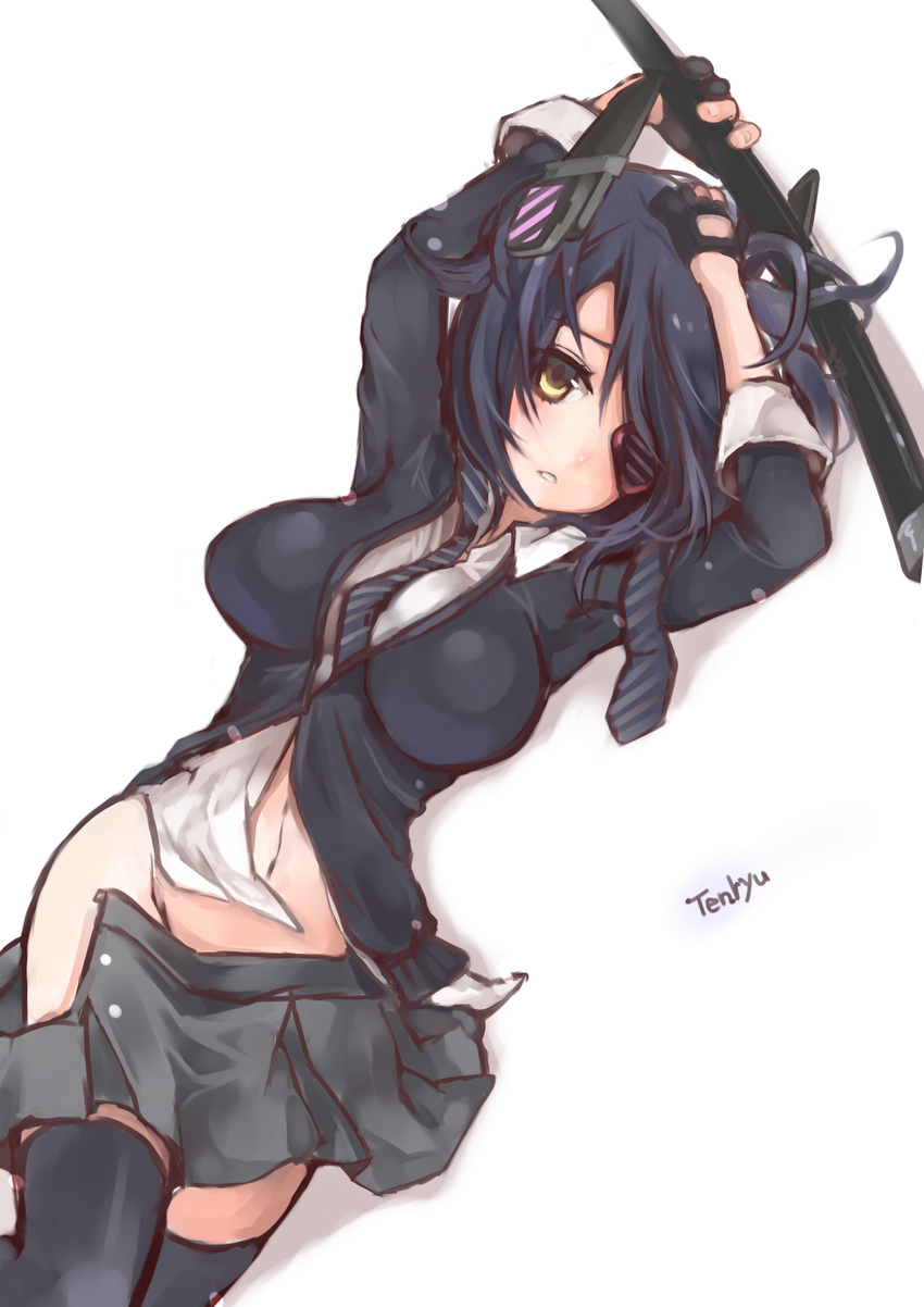 bad_id bad_pixiv_id black_hair blush breasts eyepatch fingerless_gloves gloves headgear highres kantai_collection large_breasts looking_at_viewer maryquant necktie school_uniform short_hair skirt solo tenryuu_(kantai_collection) thighhighs yellow_eyes