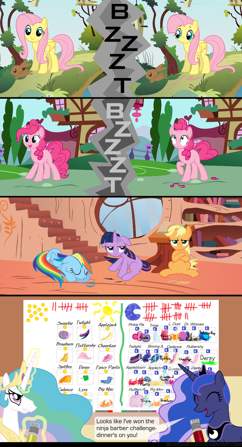 applejack_(mlp) beavernator blue_eyes book comic crown cutie_mark dialog english_text equine female feral fluttershy_(mlp) friendship_is_magic glowing green_eyes hair haircut horn horse house lagomorph levitation library magic mammal multi-colored_hair my_little_pony necklace outside pegasus pink_hair pony ponyville princess_celestia_(mlp) princess_luna_(mlp) purple_eyes purple_hair rabbit rainbow_dash_(mlp) rainbow_hair sky tally_chart text tree twilight_sparkle_(mlp) unicorn window winged_unicorn wings