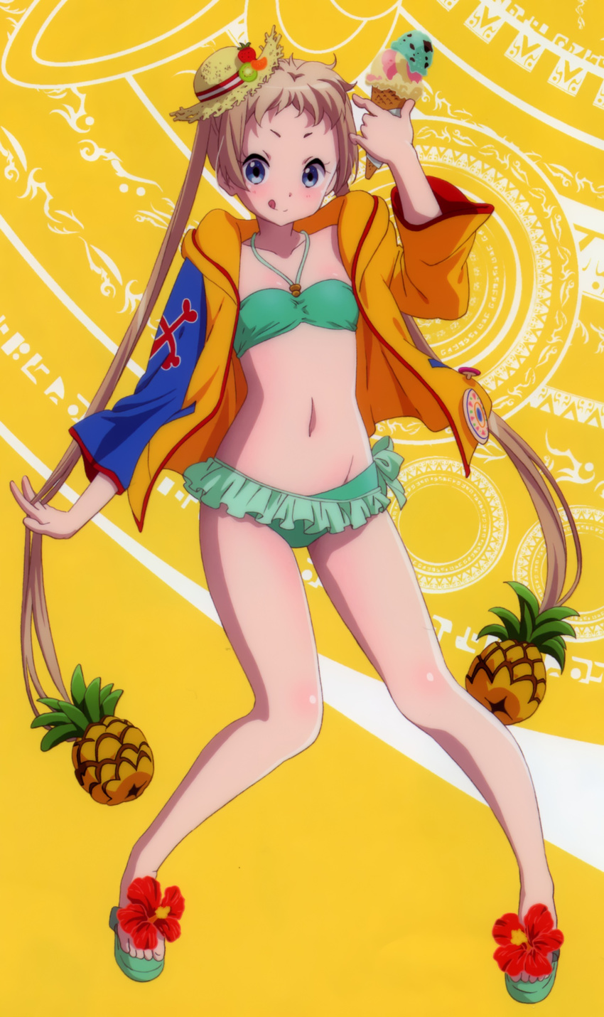 :q absurdres artist_request bikini bikini_skirt blonde_hair blue_eyes blush chuunibyou_demo_koi_ga_shitai! dekomori_sanae flat_chest food fruit green_bikini hat highres hood hoodie ice_cream jacket long_hair midriff mini_hat navel official_art open_clothes open_jacket pineapple sandals scan smile solo straw_hat swimsuit tongue tongue_out twintails very_long_hair