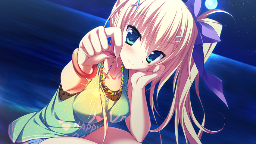 asahina_shin blonde_hair blue_eyes fireworks game_cg hontani_kanae karumaruka_circle long_hair moon night ponytail saga_planets