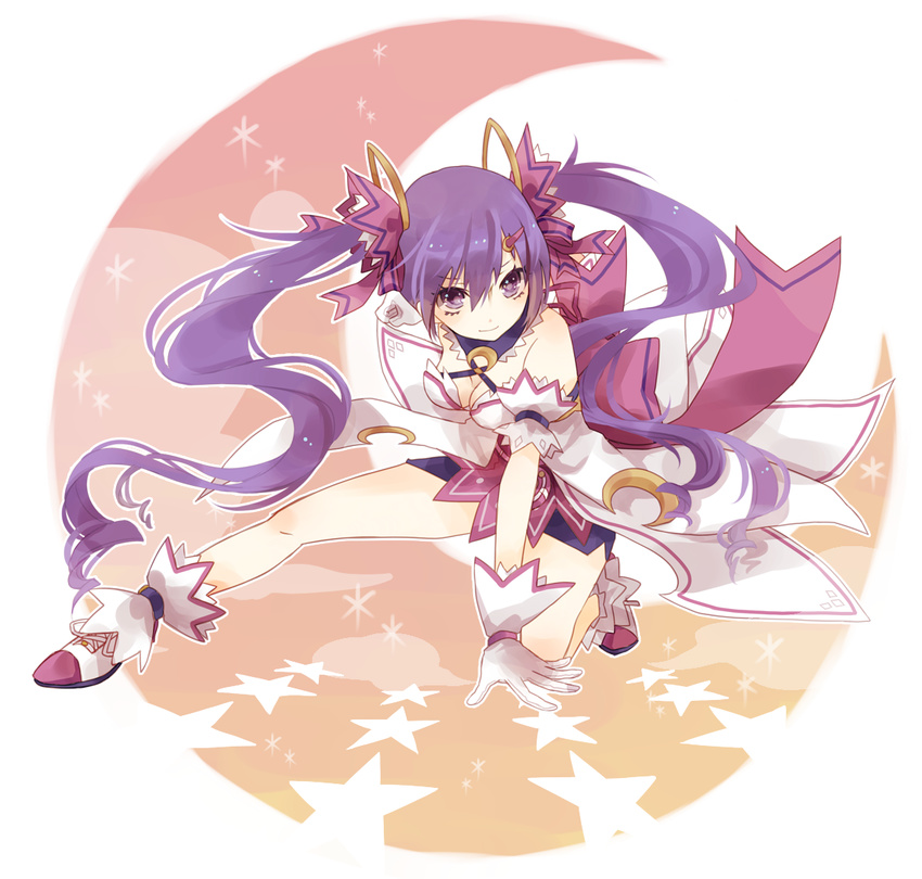 aisha_(elsword) bare_legs bow breasts cleavage crescent dimension_witch_(elsword) elsword full_body gloves long_hair medium_breasts mito_(rscrsc) one_knee pose purple_eyes purple_hair purple_skirt shoes skirt smile solo twintails