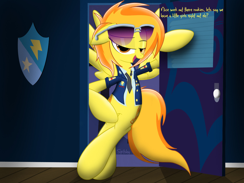 clothing door english_text equine eyewear female feral friendship_is_magic fur glasses hair horse leaning long_hair looking_at_viewer mammal my_little_pony necktie open_mouth orange_hair pegasus pony smile solo spitfire_(mlp) spitshy suit sunglasses text tongue two_tone_hair uniform wings wonderbolts_(mlp)