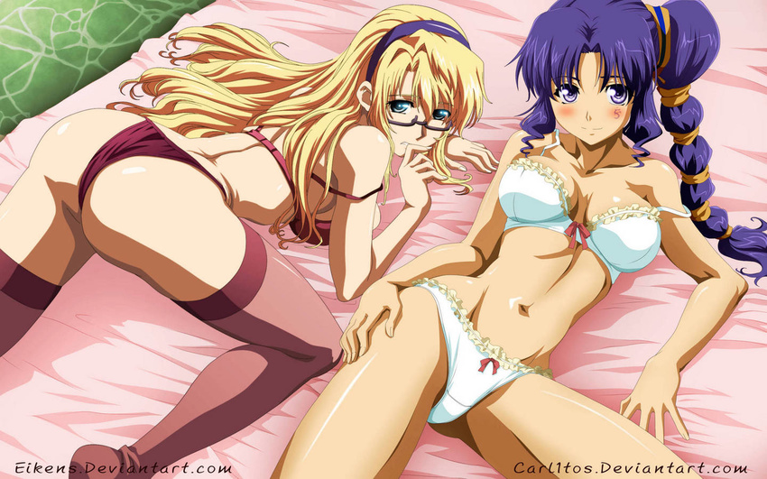 2girls blonde_hair bra bridget_satellizer cleavage freezing glasses linchen_rana panties purple_hair thighhighs underwear