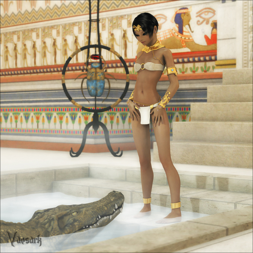 ambiguous_gender clothed clothing crocodile egyptian female feral human in_water jewelry loincloth mammal nipple_slip nipples reptile scalie skimpy vaesark