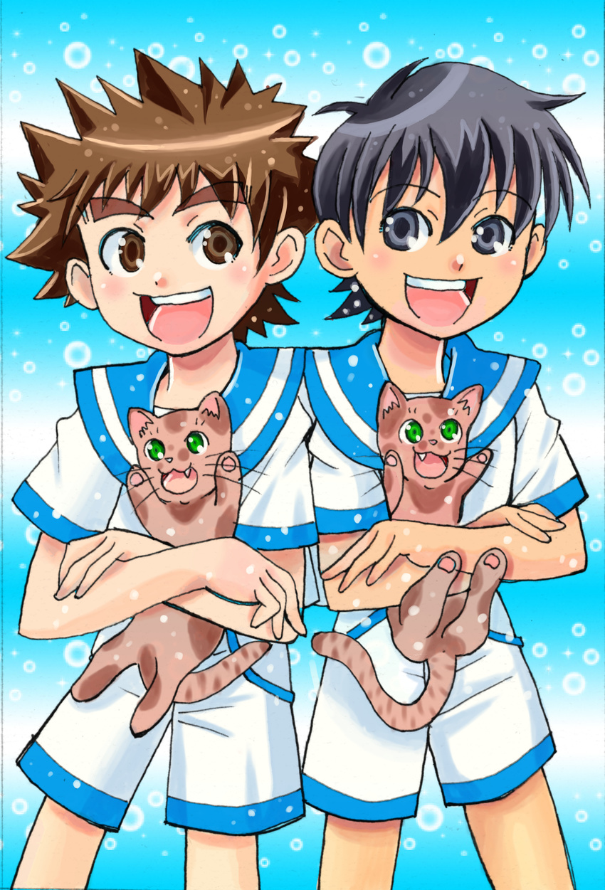 2boys absurdres blush cat child highres looking_at_viewer male male_focus multiple_boys multiple_cats occhii shirt shorts smile standing t-shirt