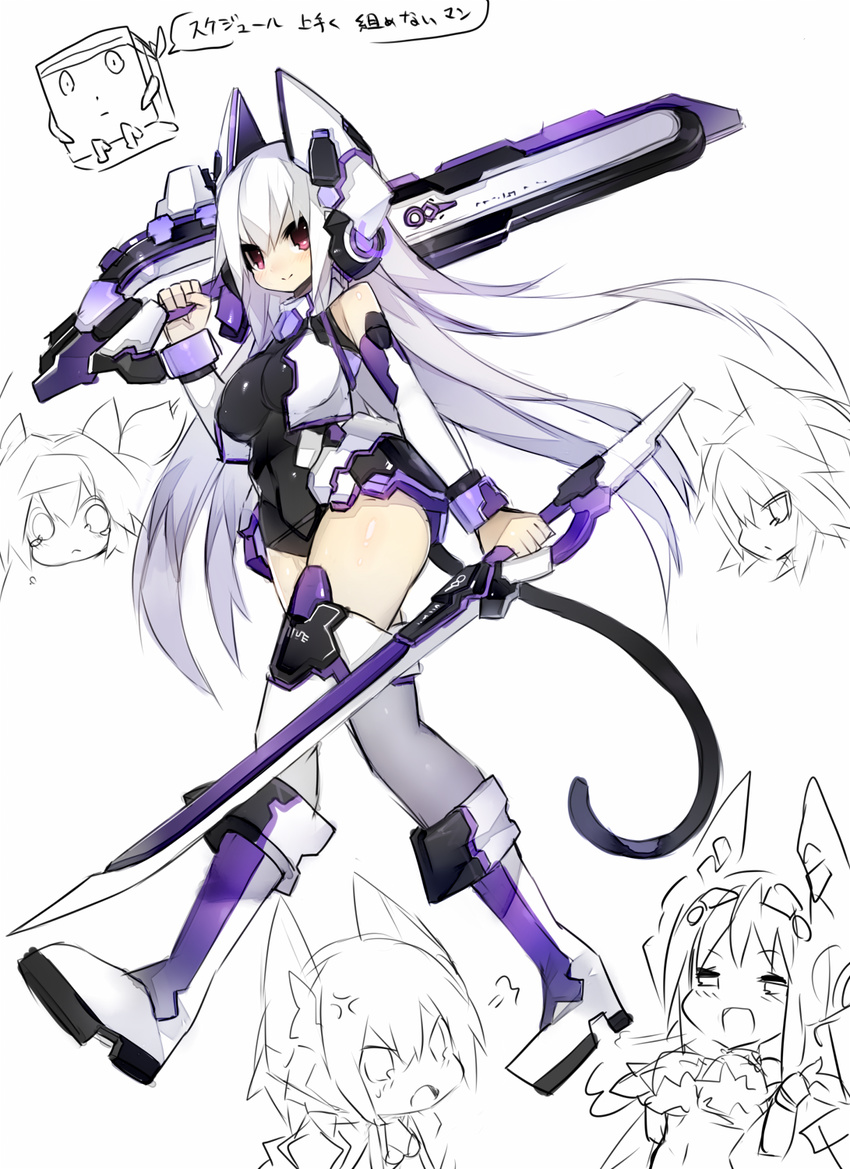 bare_shoulders boots breasts dual_wielding highres holding large_breasts long_hair mamuru original red_eyes simple_background sword tail thighs very_long_hair weapon white_background white_hair