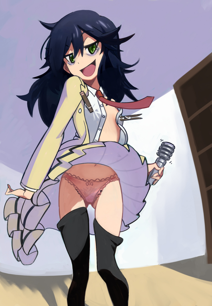 absurdres alternate_legwear ass_visible_through_thighs bags_under_eyes black_hair black_legwear bow bow_panties clothes_pin derivative_work drawfag flat_chest frilled_panties frills green_eyes highres hitachi_magic_wand kill_la_kill kuroki_tomoko lace lace-trimmed_panties long_hair loose_thighhigh navel necktie nipple_clamps open_clothes open_shirt panties pantyshot parody pink_panties pubic_hair school_uniform shirt skirt skirt_lift solo thighhighs unbuttoned underwear vibrator watashi_ga_motenai_no_wa_dou_kangaetemo_omaera_ga_warui! wind wind_lift