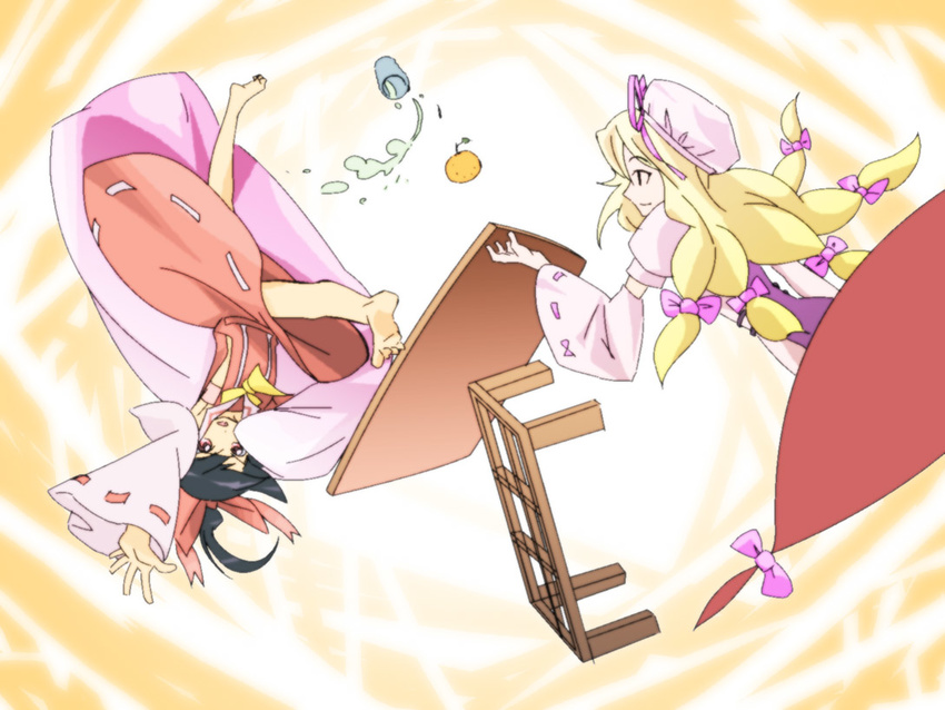 black_hair blonde_hair cup detached_sleeves food fruit gap hakurei_reimu kotatsu long_hair mandarin_orange multiple_girls shokkin spilling table table_flip touhou upside-down yakumo_yukari