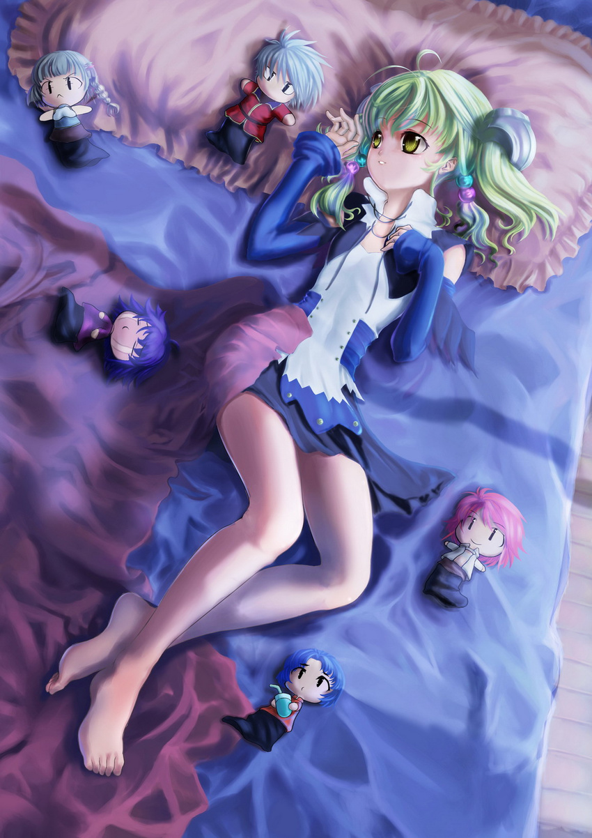 arado_balanga barefoot blonde_hair character_doll doll feet flat_chest hand_puppet highres ibis_douglas irui_guneden kusuha_mizuha legs lying puppet sanger_zonvolt seolla_schweizer solo st.microscope super_robot_wars twintails yellow_eyes