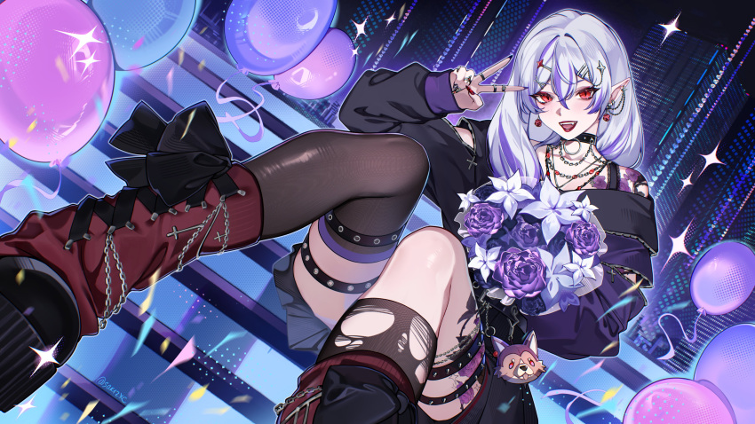 1girl absurdres alchevic_(vtuber) balloon black_nails bouquet building collarbone commentary cross earrings english_commentary flower flower_tattoo hair_ornament hairclip highres holding holding_bouquet indie_virtual_youtuber jewelry leg_tattoo multicolored_hair night open_mouth pointy_ears purple_flower purple_hair red_eyes red_lips red_socks sakichka second-party_source skyscraper socks socks_over_thighhighs solo streaked_hair tattoo thigh_strap thighhighs torn_clothes twitter_username v virtual_youtuber white_flower white_hair