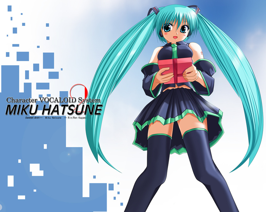 aqua_eyes aqua_hair detached_sleeves gift hatsune_miku holding holding_gift kirihane long_hair skirt solo thighhighs twintails vocaloid zettai_ryouiki