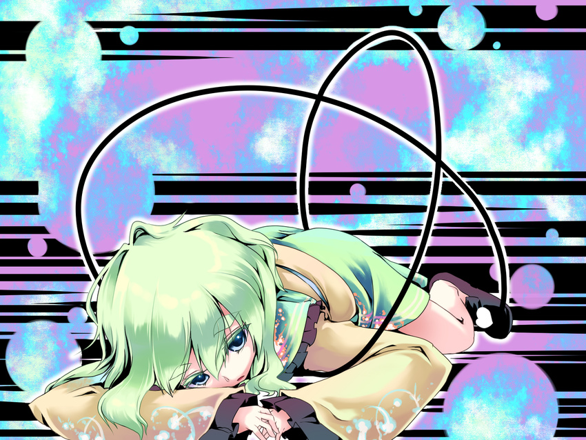 aqua_eyes ass black_footwear colored_eyelashes eyebrows_visible_through_hair frilled_shirt_collar frilled_sleeves frills green_collar green_hair green_skirt hands_together heart highres komeiji_koishi lying no_hat no_headwear sayuu_hanten shirt shoes skirt solo touhou yellow_shirt