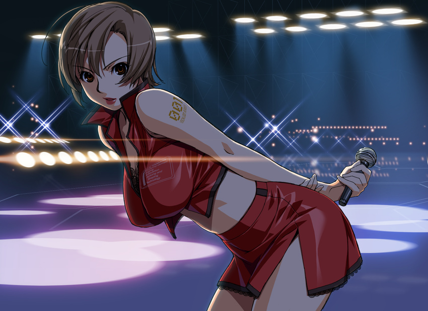 :o breasts brown_hair cleavage crop_top hanging_breasts highres ino large_breasts lipstick looking_at_viewer makeup making_of meiko microphone midriff short_hair side_slit solo stage vocaloid